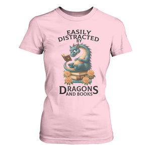 Easily Distracted By Dragon And Books T Shirt For Women Cute Book Lover Gift TS12 Light Pink Print Your Wear