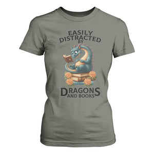 Easily Distracted By Dragon And Books T Shirt For Women Cute Book Lover Gift TS12 Military Green Print Your Wear
