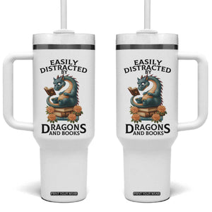 Easily Distracted By Dragon And Books Tumbler With Handle Cute Book Lover Gift TS12 One Size: 40 oz White Print Your Wear