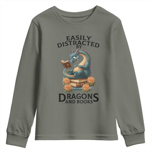 Easily Distracted By Dragon And Books Youth Sweatshirt Cute Book Lover Gift TS12 Military Green Print Your Wear