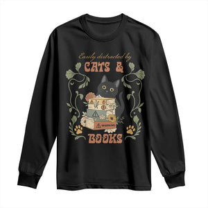 Cute Bookworm Gift Long Sleeve Shirt Easily Distracted By Cats And Books TS12 Black Print Your Wear