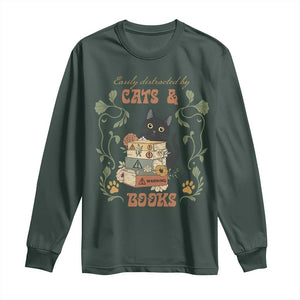 Cute Bookworm Gift Long Sleeve Shirt Easily Distracted By Cats And Books TS12 Dark Forest Green Print Your Wear