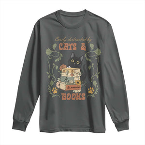 Cute Bookworm Gift Long Sleeve Shirt Easily Distracted By Cats And Books TS12 Dark Heather Print Your Wear