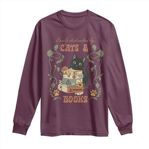 Cute Bookworm Gift Long Sleeve Shirt Easily Distracted By Cats And Books TS12 Maroon Print Your Wear