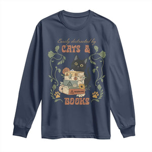 Cute Bookworm Gift Long Sleeve Shirt Easily Distracted By Cats And Books TS12 Navy Print Your Wear