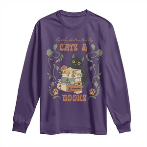 Cute Bookworm Gift Long Sleeve Shirt Easily Distracted By Cats And Books TS12 Purple Print Your Wear