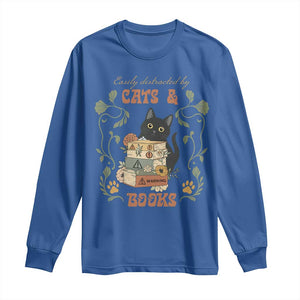 Cute Bookworm Gift Long Sleeve Shirt Easily Distracted By Cats And Books TS12 Royal Blue Print Your Wear
