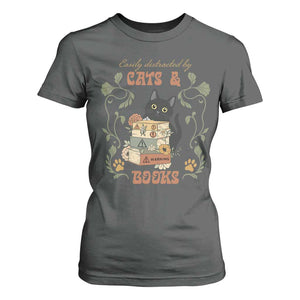 Cute Bookworm Gift T Shirt For Women Easily Distracted By Cats And Books TS12 Dark Heather Print Your Wear
