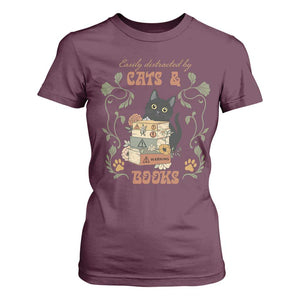 Cute Bookworm Gift T Shirt For Women Easily Distracted By Cats And Books TS12 Maroon Print Your Wear
