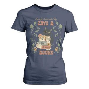 Cute Bookworm Gift T Shirt For Women Easily Distracted By Cats And Books TS12 Navy Print Your Wear