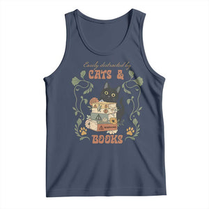 Cute Bookworm Gift Tank Top Easily Distracted By Cats And Books TS12 Navy Print Your Wear