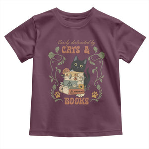 Cute Bookworm Gift Toddler T Shirt Easily Distracted By Cats And Books TS12 Maroon Print Your Wear