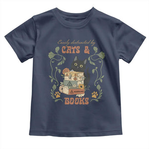 Cute Bookworm Gift Toddler T Shirt Easily Distracted By Cats And Books TS12 Navy Print Your Wear