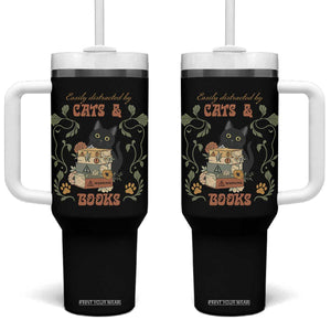 Cute Bookworm Gift Tumbler With Handle Easily Distracted By Cats And Books TS12 One Size: 40 oz Black Print Your Wear