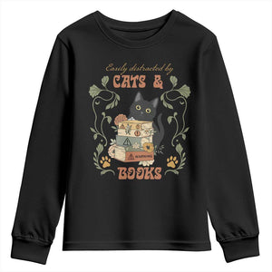 Cute Bookworm Gift Youth Sweatshirt Easily Distracted By Cats And Books TS12 Black Print Your Wear