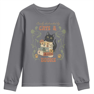 Cute Bookworm Gift Youth Sweatshirt Easily Distracted By Cats And Books TS12 Charcoal Print Your Wear
