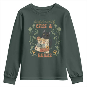 Cute Bookworm Gift Youth Sweatshirt Easily Distracted By Cats And Books TS12 Dark Forest Green Print Your Wear