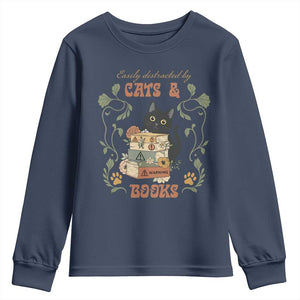 Cute Bookworm Gift Youth Sweatshirt Easily Distracted By Cats And Books TS12 Navy Print Your Wear