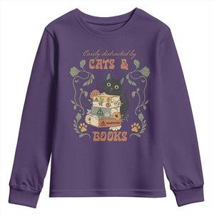Cute Bookworm Gift Youth Sweatshirt Easily Distracted By Cats And Books TS12 Purple Print Your Wear