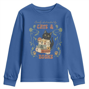 Cute Bookworm Gift Youth Sweatshirt Easily Distracted By Cats And Books TS12 Royal Blue Print Your Wear