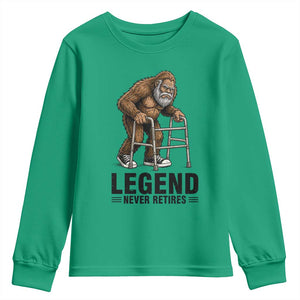 Funny Old Bigfoot Retirement Gift Youth Sweatshirt Legend Never Retires TS12 Irish Green Print Your Wear