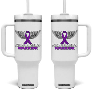Alzheimers Warrior Tumbler With Handle Purple Ribbon Angel Wings Memory Support Gift