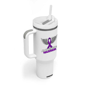 Alzheimers Warrior Tumbler With Handle Purple Ribbon Angel Wings Memory Support Gift