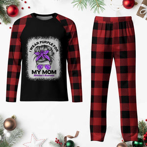 I Wear Purple For My Mom Plaid Pajama Set Alzheimers Awareness Messy Bun Graphic