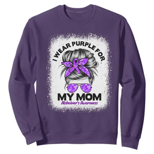 I Wear Purple For My Mom Sweatshirt Alzheimers Awareness Messy Bun Graphic