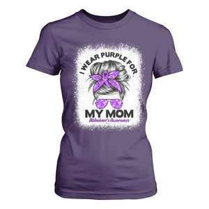 I Wear Purple For My Mom T Shirt For Women Alzheimers Awareness Messy Bun Graphic