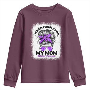I Wear Purple For My Mom Youth Sweatshirt Alzheimers Awareness Messy Bun Graphic