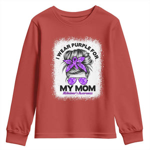 I Wear Purple For My Mom Youth Sweatshirt Alzheimers Awareness Messy Bun Graphic
