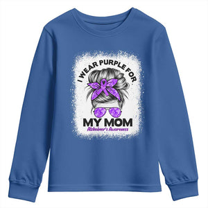 I Wear Purple For My Mom Youth Sweatshirt Alzheimers Awareness Messy Bun Graphic