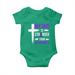 My God Is Stronger Than Alzheimers Baby Onesie Christian Purple Ribbon Faith Support