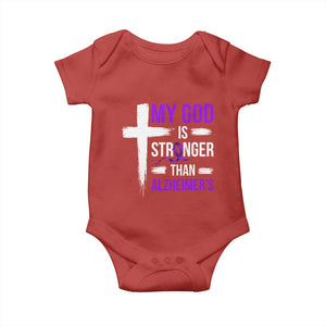 My God Is Stronger Than Alzheimers Baby Onesie Christian Purple Ribbon Faith Support