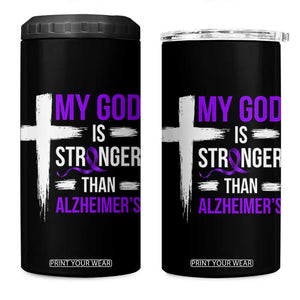 My God Is Stronger Than Alzheimers 4 in 1 Can Cooler Tumbler Christian Purple Ribbon Faith Support