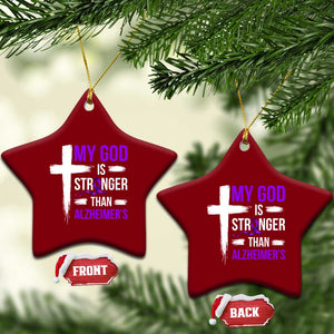 My God Is Stronger Than Alzheimers Ceramic Ornament Christian Purple Ribbon Faith Support