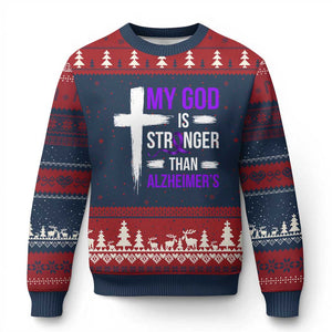 My God Is Stronger Than Alzheimers Ugly Christmas Sweater Christian Purple Ribbon Faith Support