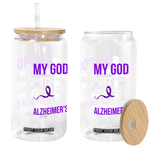 My God Is Stronger Than Alzheimers Glass Can Christian Purple Ribbon Faith Support