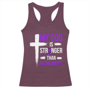 My God Is Stronger Than Alzheimers Racerback Tank Top Christian Purple Ribbon Faith Support