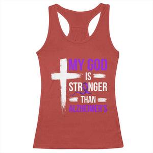 My God Is Stronger Than Alzheimers Racerback Tank Top Christian Purple Ribbon Faith Support