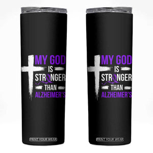 My God Is Stronger Than Alzheimers Skinny Tumbler Christian Purple Ribbon Faith Support