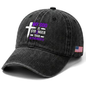 My God Is Stronger Than Alzheimers Washed Cotton Baseball Cap Christian Purple Ribbon Faith Support