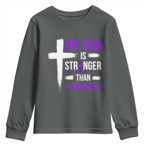 My God Is Stronger Than Alzheimers Youth Sweatshirt Christian Purple Ribbon Faith Support