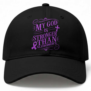 My God Is Stronger Than Alzheimers Baseball Cap Faith Hope Purple Ribbon Graphic
