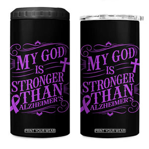 My God Is Stronger Than Alzheimers 4 in 1 Can Cooler Tumbler Faith Hope Purple Ribbon Graphic