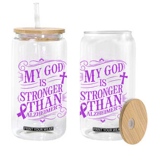 My God Is Stronger Than Alzheimers Glass Can Faith Hope Purple Ribbon Graphic