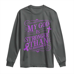 My God Is Stronger Than Alzheimers Long Sleeve Shirt Faith Hope Purple Ribbon Graphic