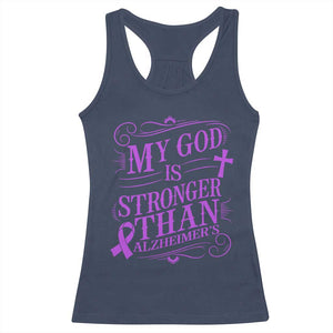 My God Is Stronger Than Alzheimers Racerback Tank Top Faith Hope Purple Ribbon Graphic