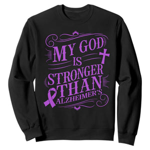 My God Is Stronger Than Alzheimers Sweatshirt Faith Hope Purple Ribbon Graphic